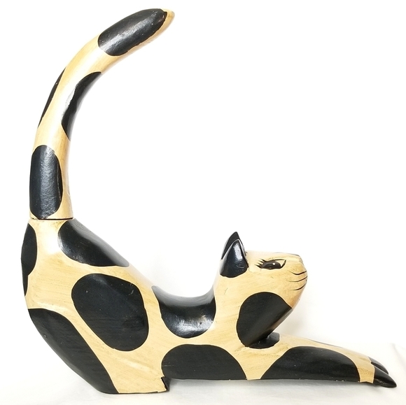 Vintage Black and Brown Wooden Stretching Cat Sculpture Figurine - Picture 2 of 10